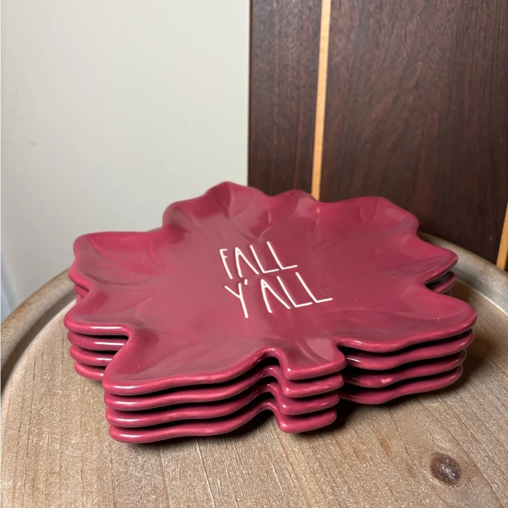 Rae Dunn Maroon “Fall Y'all” Maple Leaf-Shaped Plates